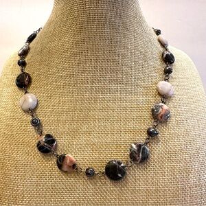 Multi Gemstone Genuine Necklace w/ black baroque pearls, Silver tone w/ toggle
